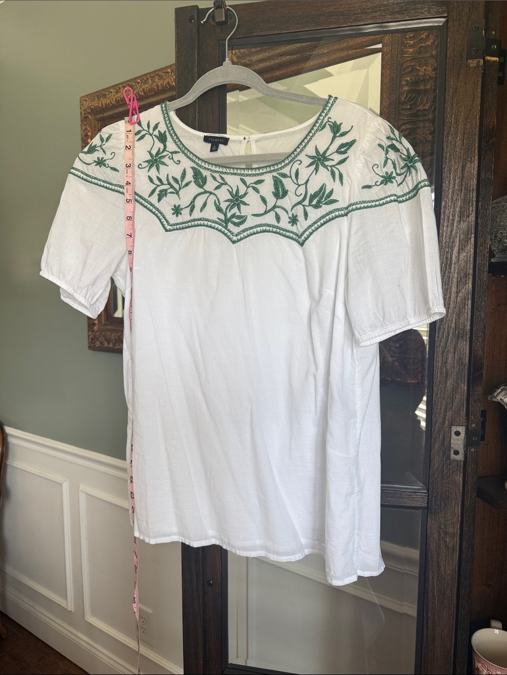 Talbots Embroidered White Cotton Peasant Top with Green Floral Yoke size M